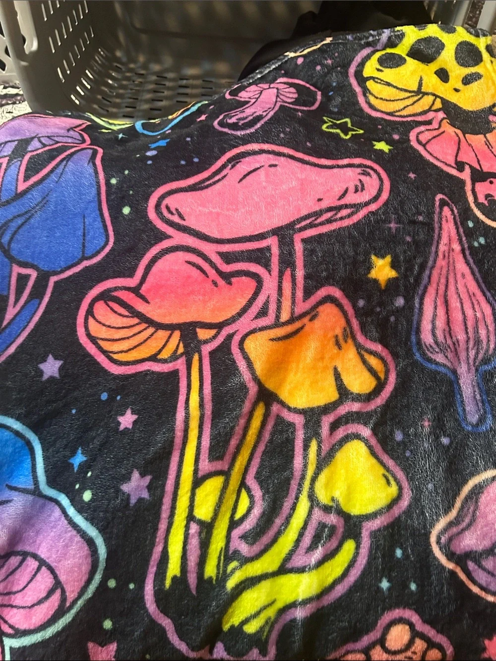 Funky Mushroom-Print Throw Blanket in Neon Colors on Black Background
